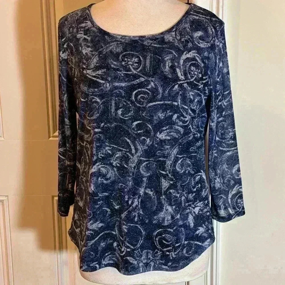 Chicos 3/4 sleeve blue metallic  floral print pullover blouse size 1 (M)